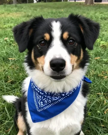 A phone photo of a dog in a blue bandana