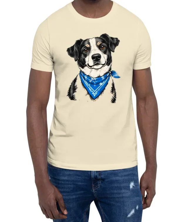 A cream t-shirt printed with the dog design